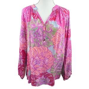 Lilly Pulitzer Pink Floral Silk Elsa Blouse Shirt Size M Worth It